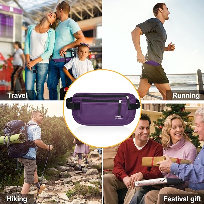 RFID Blocking Money Belt for Men Women, Slim Fanny Pack For Travel，Running,Conceal Waist Wallet For Passport Holder,Phone,Cash(Dark Purple), Dark Purple, Rfid Blocking & Belt Wide:1inch - Image 6