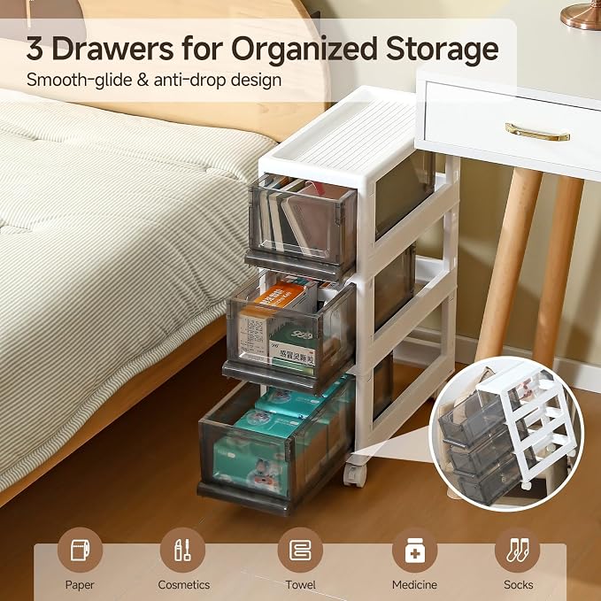 Plastic 3 Drawer Storage Organizer, Narrow Plastic Storage Drawers with Wheels, Storage Cart with Drawers for Small and Narrow Space, 7.87-inch Wide (gray) - Image 4