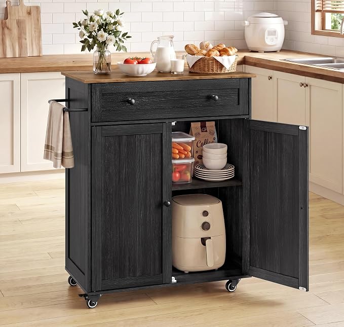 VASAGLE Mobile Kitchen Island with Storage Cabinet for Kitchen, Dining Room | Portable Mobile Cart on Wheels , 15.8 x 30.9 x 35.1 Inches, Black and Honey Brown, SIREN Collection UKKI009BA01S by VASAGLEbySONGMICSHOME
