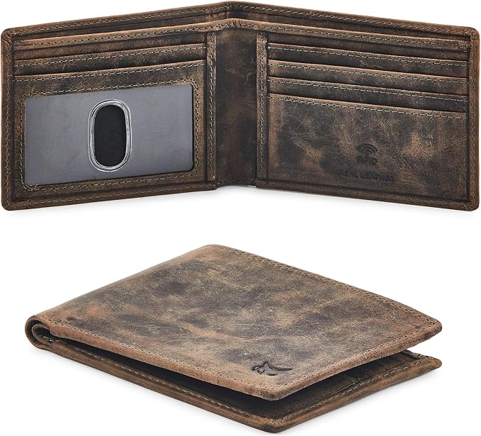 Real Leather Mens Bifold Wallet RFID Blocking Slim Minimalist Front Pocket - Thin & Stylish with ID Window in Gift Box (Crazy Horse, Moss) by WiseOwlAccessories