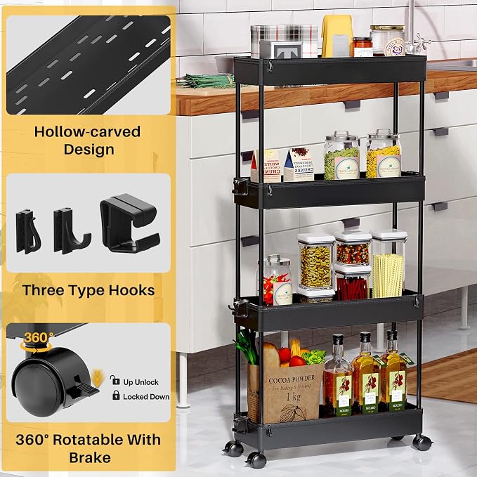 SPACEKEEPER Slim Rolling Storage Cart, 4 Tier Bathroom Cart Organizer,Black | Narrow Rolling Cart with Wheels for Kitchen Office Bathroom Laundry Room,Mobile Utility Cart for Craft Art Makeup Nail Polish - Image 4
