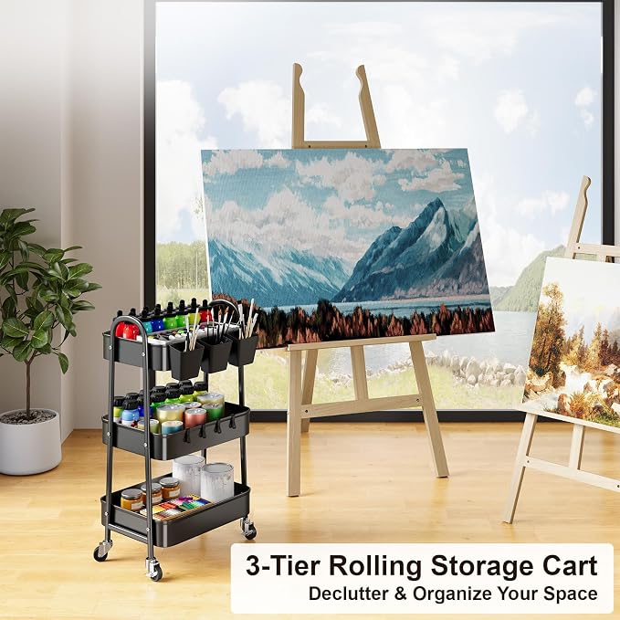3 Tier Metal Rolling Cart with Lockable Wheels,Black Three Tiered Art Carts | Utility Storage Organizer Caddy on Wheels for Bathroom, Kitchen, Laundry, Garage, Office, Paint,Craft, Baby,Diaper,Snack,Book - Image 6
