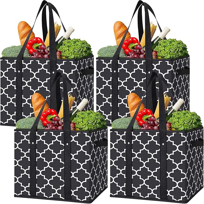Reusable Grocery Bags 4-Pack Foldable Washable Large Storage Basket, Black | Water Resistant Shopping Tote Bag Bins by WiseLife