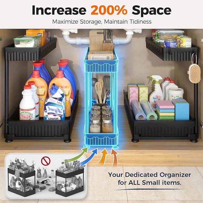 3-Pack 2-Tier L-Shaped Under Sink Organizers with Sliding Drawers | Multi-use kitchen & bathroom storage, 14.85 inch black cabinet organizer, space-saving sliding drawer design. - Image 3