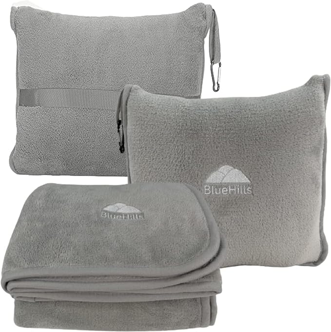 BlueHills Premium Soft Travel Blanket Pillow Combo Airplane - Light Gray | Pillow/Blanket in a Bag, Luggage Belt & Carabiner, Compact Pack for Airport & Long Flights, Travel Essential Accessory Gifts by BlueHills