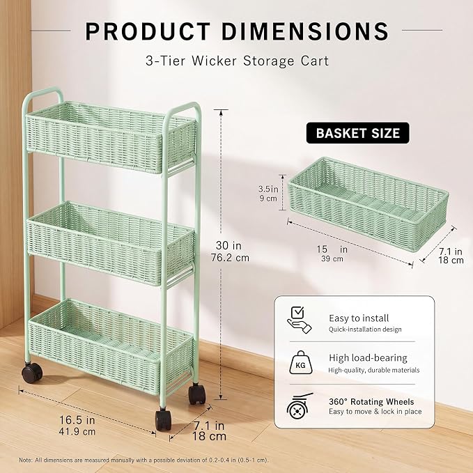 Utility Slim Storage Cart,3-Tier Rolling Kitchen Office Laundry Room Cart with Wheels,Mobile Shelving Unit Organizer for Living Room,Bathroom, Baby Diaper,Art,Dining Room Narrow Places - Image 2