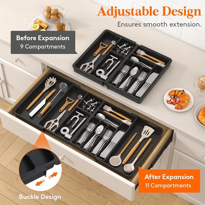 Lifewit Utensil Organizer for Kitchen Drawer, Expandable Cooking Tray | Adjustable Cutlery Flatware Holder, Plastic Silverware Spatula Tools Storage Divider, 21.3- 36 x 16.9", Black - Image 3