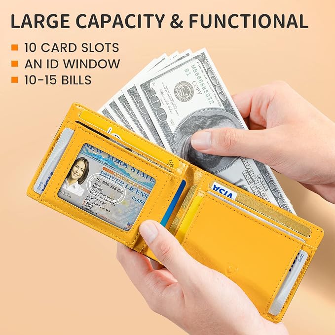 GSOIAX Slim Wallet for Men RFID Blocking Bifold Wallet Carbon Fiber Front Pocket Wallet with 11 Card Holder Minimalist Mens Wallet with Gift Box(Z-Brown and Yellow) - Image 4