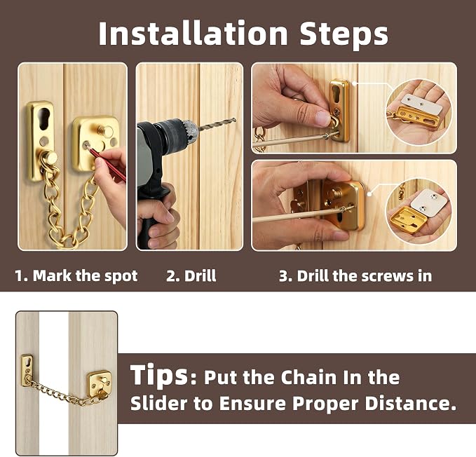 Mooche Door Chain Lock, Chain Door Lock with Spring Anti-Theft Press Lock | Thickened Stainless Steel Door Latch Guard with Screws for Interior Outdoor Toilet Barn Fence Garage (Gold) - Image 8