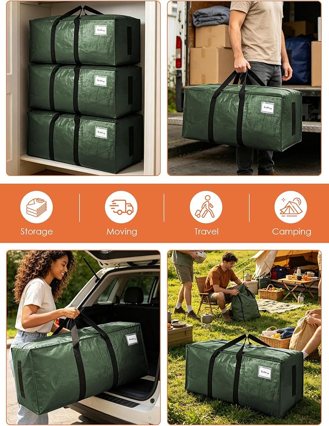 SWEET DOLPHIN 12 Pack 200LB Heavy-Duty Moving Bags with Wrap-Around Handles, Extra Large Storage Totes for Space Saving, Clothes Storage Bags, College Dorm Essentials, Green, 24 Gal - Image 6