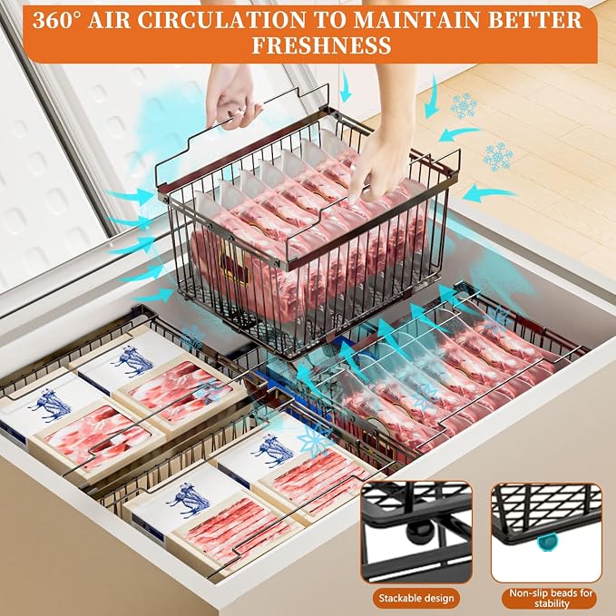 Large Freezer Organizer Bins for 5 to 9 Cu.Ft,Leak-Proof Bottom，6Pack | ANJUBANFreezer Organizer Bins, Stackable,expandable,foldable,With handle Wire Storage Container Baskets for Sort Frozen Meats - Image 7