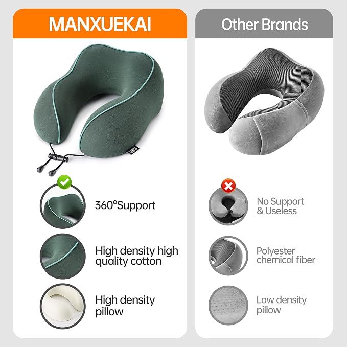 Travel Pillows for Airplanes,100% Pure Memory Foam Travel Neck Pillow | Washable Cotton Cover,Comes with 3D Eye Mask,Earplugs,Storage Bag,Ideal Travel Gift,Relieve Neck Pressure,Dark Green - Image 4