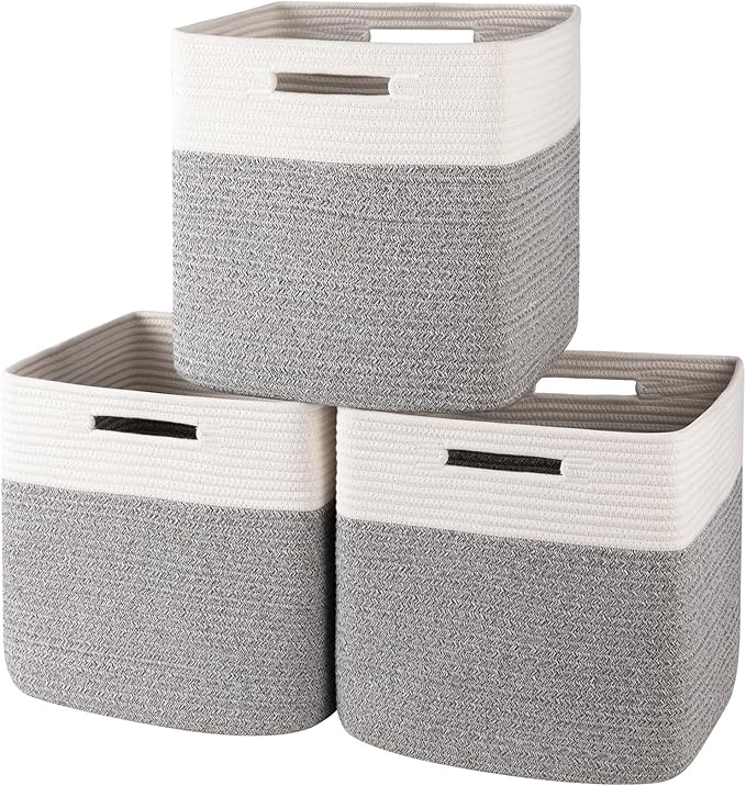OIAHOMY 13 Inch Cube Storage Bins, 3-Pack Cotton Rope Woven Baskets for Organizing, Insert Storage Baskets for Shelves, Baby Nursery, Closet Organizer, 13 * 13 * 12.6IN, Grey & White by MasterofSpaceOptimization