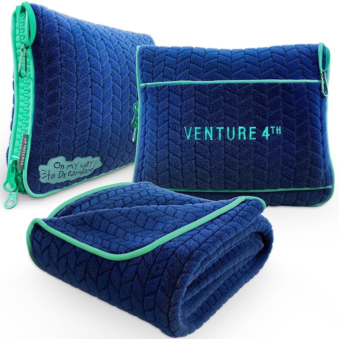 VENTURE 4TH Travel Blanket Pillow, 2-in-1 Soft Plush - Navy/Teal | 68"x42" ultra-soft micro plush Blanket. Folds into portable Pillow Case with Travel Sleeve & Clip. Lint-free, no shedding. by VENTURE4TH