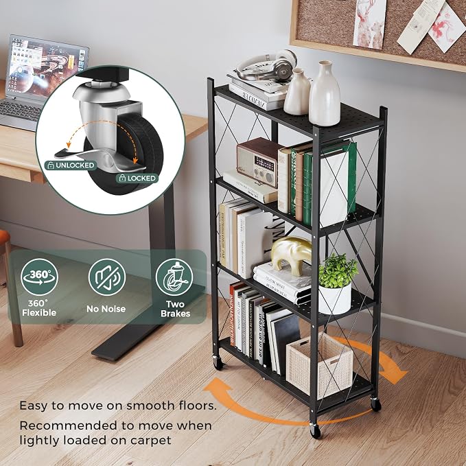 DEANIC 4 Tier Foldable Storage Shelves with Wheels, Large Capacity Shelving Unit, Freestanding Metal Wire Shelf Rack, No Assembly Organizer Rack for Garage Kitchen, Basement, Pantry(Black Pack of 2) - Image 8