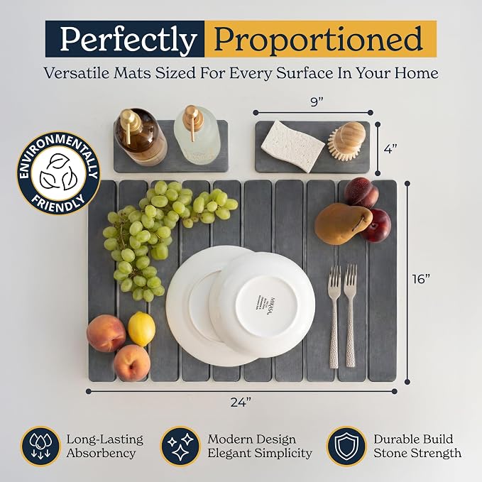 Oleex 3-Pack Stone Dish Drying Mat Set Includes 1 Large 24”x16” & 2 Small 4”x9” for Kitchen Counter-Collapsible Diatomaceous Earth Pad Absorbs Water & Dries Dishes Fast, Non-slip, Odor-Resistant Mats - Image 2