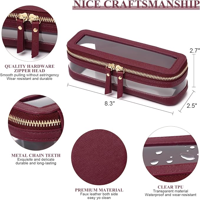 Pinkmik Makeup Brush Case, Burgundy, | Clear Travel Cosmetic & Toiletry Bag, Slim with Zipper, Small Purse Organizer, Car Essential for Women - Image 3
