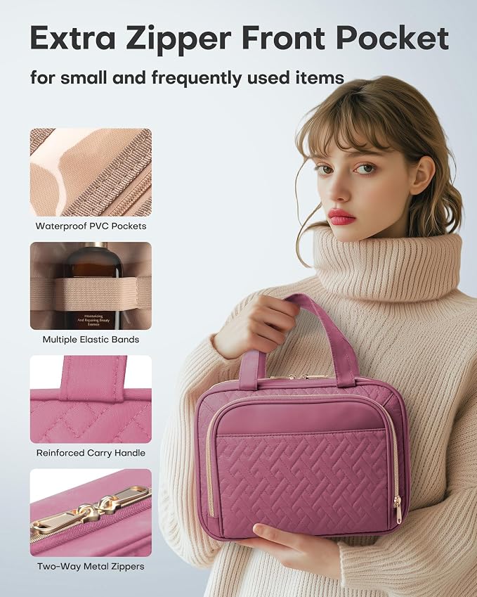 HOTOR Hanging Travel Toiletry Bag Women Men, Rosewood-Pink, Large | Waterproof Makeup Bag Hanging Hook,Multiple Pockets,Travel Essentials,12.6 x 4.3 x 9.9inches - Image 5