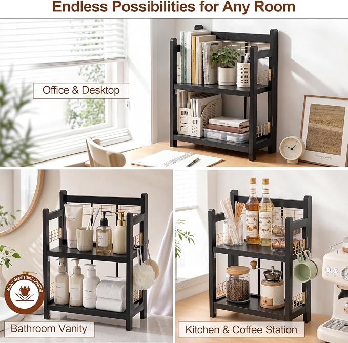 No-Assembly Coffee Bar Organizer, 2-Tier Coffee Station Shelf | Foldable Oak Wood Shelf, Coffee Station Accessories Storage for Syrup & Pods, 3 Hooks for Mugs, Kitchen Spice Rack, Black - Image 8