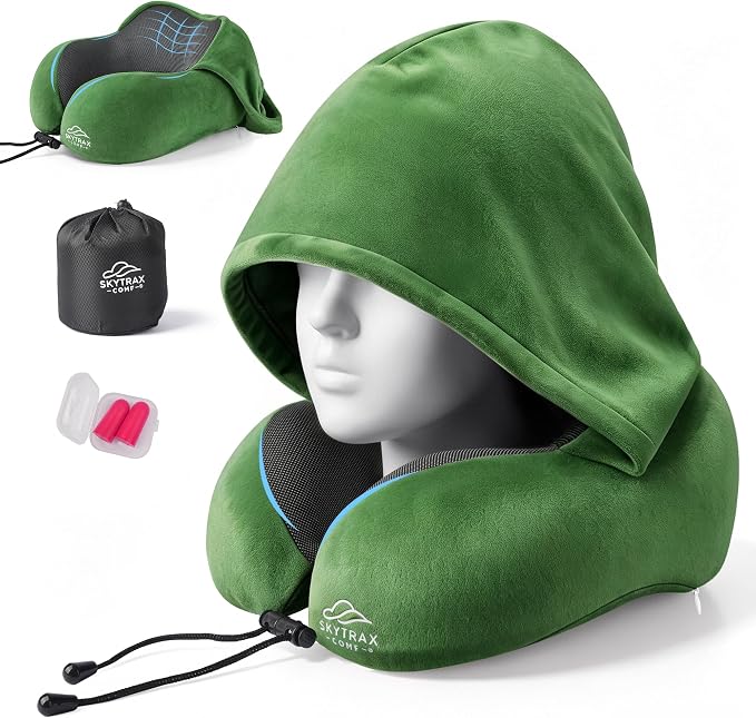 SkytraxComf® Travel Neck Pillow with Hood for Privacy on Long Flights | Memory Foam | Airplane Sleep | Safety-Tested Materials | Extra Large Hood | Chin Support | Earplugs | Washable Cover by SKYTRAXCOMF