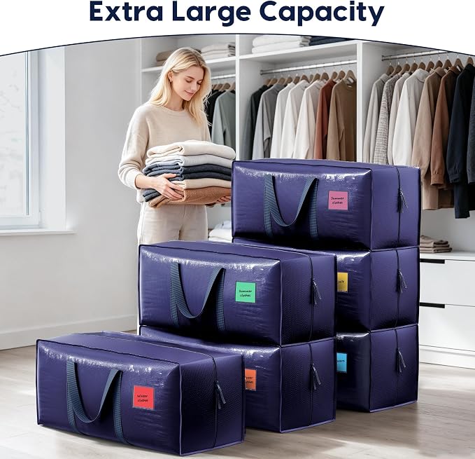 6 Pack Moving Bags Heavy Duty 210GSM with Full-Open Side Zipper, 93L 220lbs Waterproof Foldable Storage Totes for College Dorm Move-In, Moving Boxes Alternative & Home Organization, Blue - Image 4