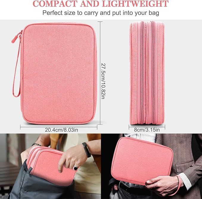 FYY Electronic Organizer, Travel Tech Pouch Bag, Extra Large, Pink | Wrist Strap, Waterproof, Double Layers Electronics Travel Case for iPad, Cord, Laptop Charger, Daily and Business Trips Use - Image 2
