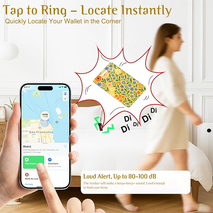 Wallet Tracker Card – Slim Bluetooth Tracker, IP68 Waterproof, Rechargeable Wireless Locator for Wallets, Luggage & Passports Compatible with Find My on iPhone (Yellow Blue Flowers) - Image 3