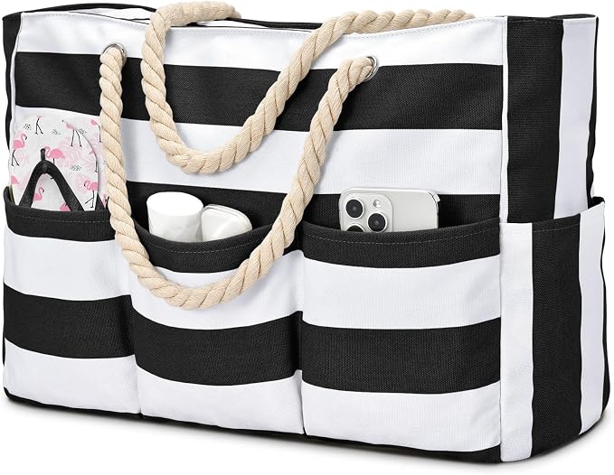 Becokan Beach Bags for Women Canvas Large Beach Tote Bag Zipper Waterproof Sandproof Foldable Swim Pool Bag with 7 Pockets by BecokanBeachBagSpecialist