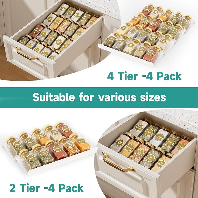 MIUKAA White Acrylic Spice Drawer Organizer, 4 Tier Seasoning Jars Drawers Insert, Kitchen Spice Rack Tray for Drawer/Countertop (Jars not included) - Image 6