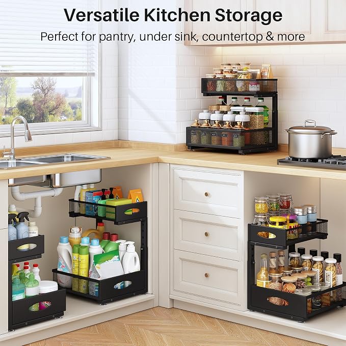 Under Sink Organizer, 2 Tier Pull Out Under Cabinet Organizer Shelf with Pad for Framed Cabinets, Metal Slide Out Under Sink Storage, Mesh Sliding Drawers for Kitchen Bathroom Laundry(Black, 1 Pack) - Image 8
