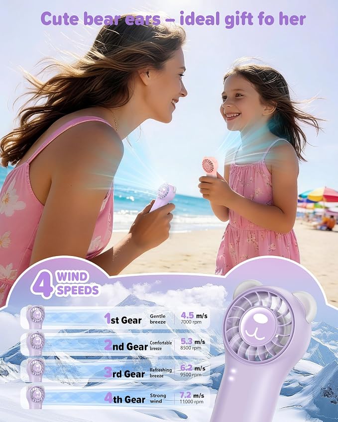 Portable Handheld Fan, Cute Bear Mini Fan with 11000 RPM High Speed, Rechargeable Personal Fan with 4 Speeds, Pocket Small Fan for Travel, Makeup, Lash, Gifts for Women Girl - Purple - Image 7