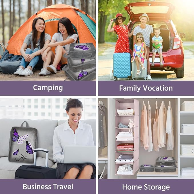 6 Pcs Compression Packing Cubes Waterproof Suitcase Travel Bag Luggage Backpack Organizer Travel Cubes for Packing-Purple Butterfly - Image 3
