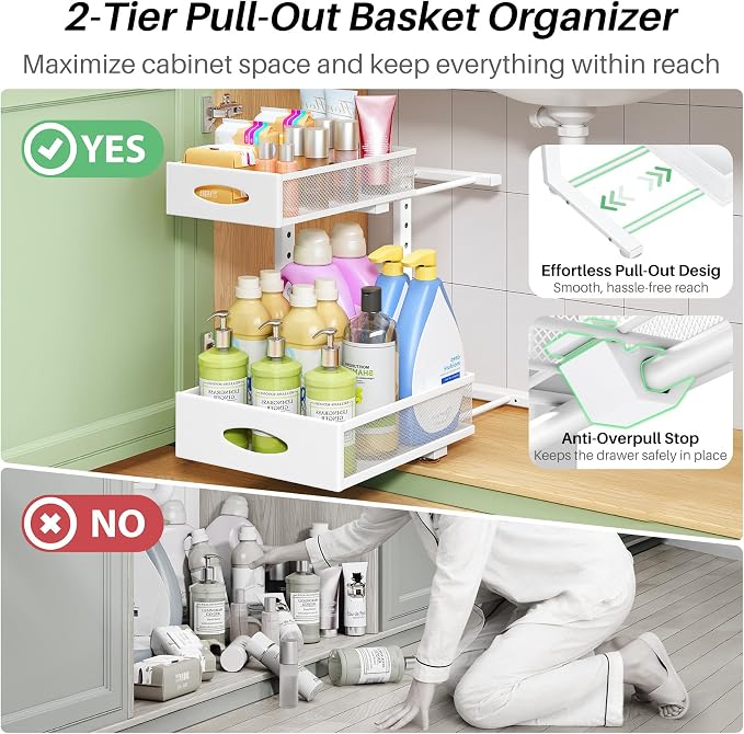 Under Sink Organizer, 2-Pack Pull Out Cabinet Organizer 2 Tier Metal Slide Out Storage Shelf Rack, L-Shaped Adjustable Height,Mesh Sliding Drawer for Kitchen, Bathroom, Laundry, Pantry, White, XL - Image 4