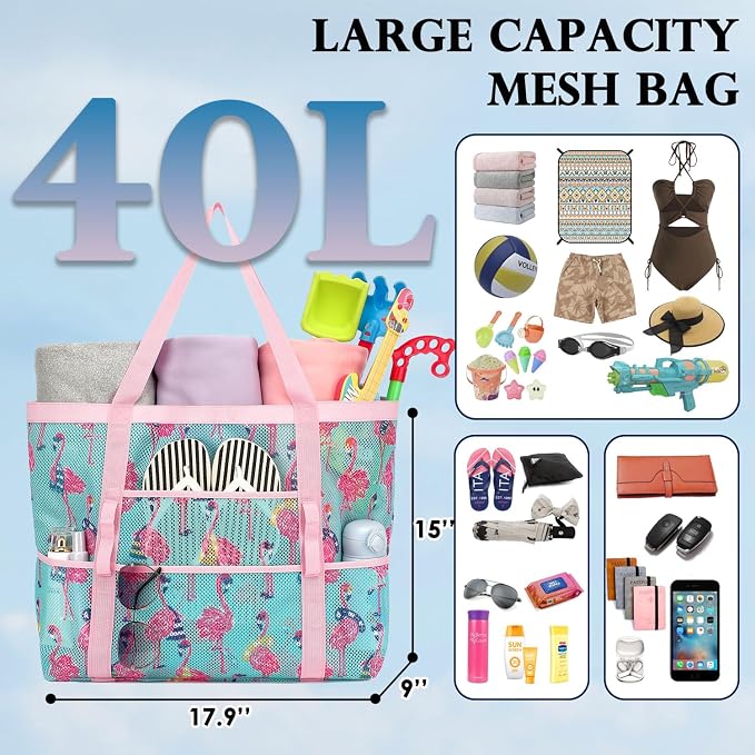 Fammart Mesh Beach Bag for Women, Large Beach Toy Pool Bag with Zipper Pocket, SandProof Cruise Essentials 2026 Family Travel - Image 4