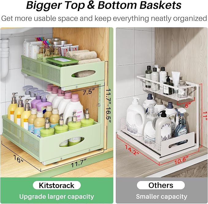 Under Sink Organizer, 1-Pack Pull Out Cabinet Organizer 2 Tier Metal Slide Out Storage Shelf Rack, L-Shaped Adjustable Height,Mesh Sliding Drawer for Kitchen, Bathroom, Laundry, Pantry, Green, XL - Image 3