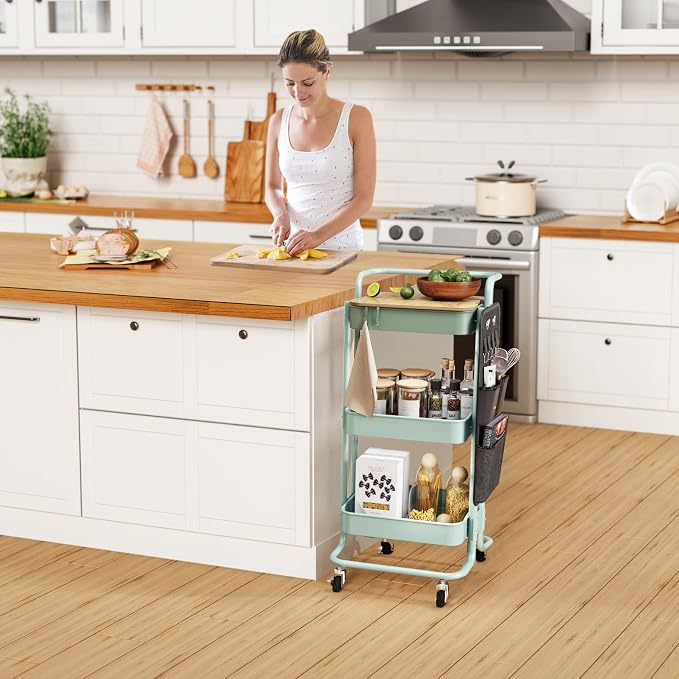 DTK 3-Tier Rolling Cart with Table Top, Metal Utility Cart with Side Bags | Tray Storage Organizer, Lockable Wheels, 4 Hooks, Art Cart for Kitchen, Bathroom, Office, Craft room, Living room, Green - Image 7