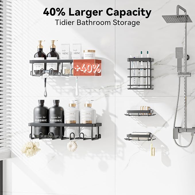 Shower Caddy Adhesive, Rustproof Shower Organizer, Wall Shower Rack | Large Capacity Shower Shelves for Inside Shower, Shampoo Shower Holder, Black, 2 Caddies, 2 Soap Dishes, 1 Toothbrush Holder - Image 8