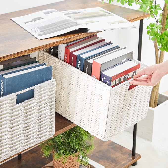 Wicker Storage Basket, Set of 2 Hand-Woven Paper Rope Wicker Basket, Small Storage Baskets for Organizing Toilet Paper Basket, Foldable Large Cube Storage Organizer Bins for Shelves (White) - Image 4