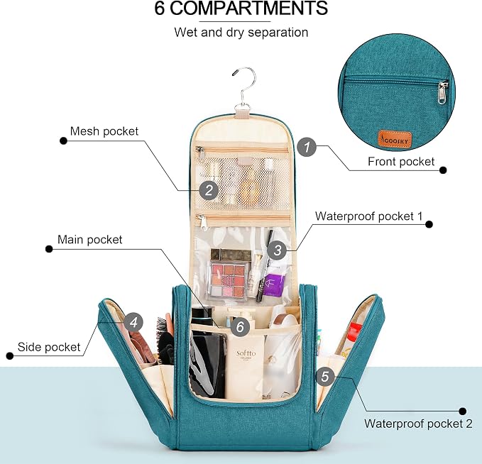 Travel Hanging Toiletry Bag for Women and Men, 6 Organizer Compartments, Holds Full Size Bottles, Extra Large Cosmetic Accessories, Makeup essentials, Bathroom Water-resistant Toiletries Bag, Blue - Image 2