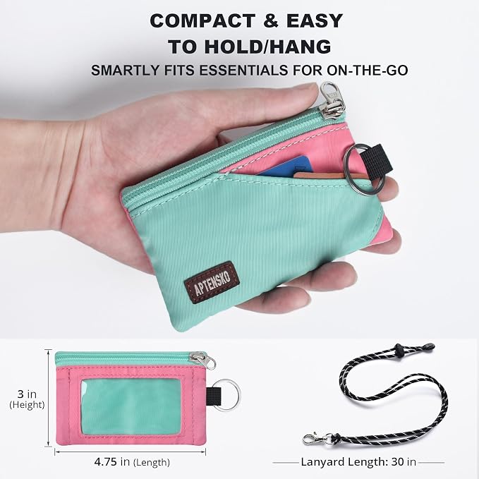 RFID Blocking Travel Wallet with Adjustable Lanyard, Small Nylon Zipper Pouch and Badge Holder for ID, Credit Cards, Cash, Keys, Commuters (Mint Aqua+Pink) - Image 4