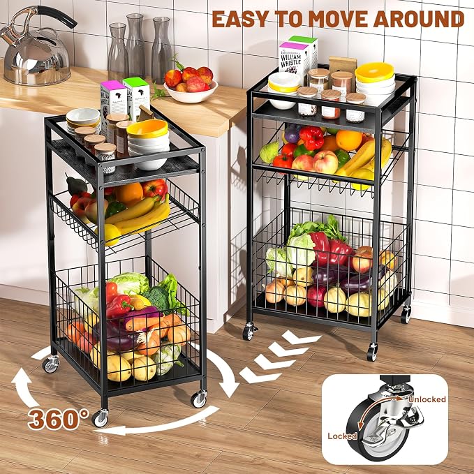 Fruit Vegetable Cart, 3-Tier Snack Cart on Wheels & Wood Top, Black | Vegetable Rack For Kitchen, Kitchen Cart Organizer for Fruit, Vegetables, Potato, Snack - Image 3