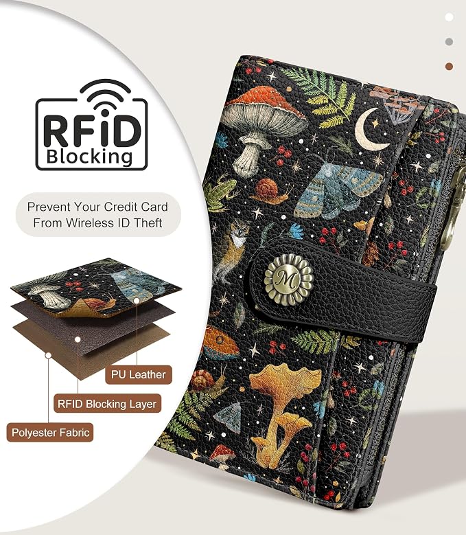 Mushroom Wallet Women RFID Goth Passport Holder Credit Card Holder | 6.7" x 4.4" x 1.3" Bifold, Travel billfold, Zipper Pocket, PU Leather, Clutch, Purse, ID Window, Pen Holder, Gift Ladies Girl - Image 4