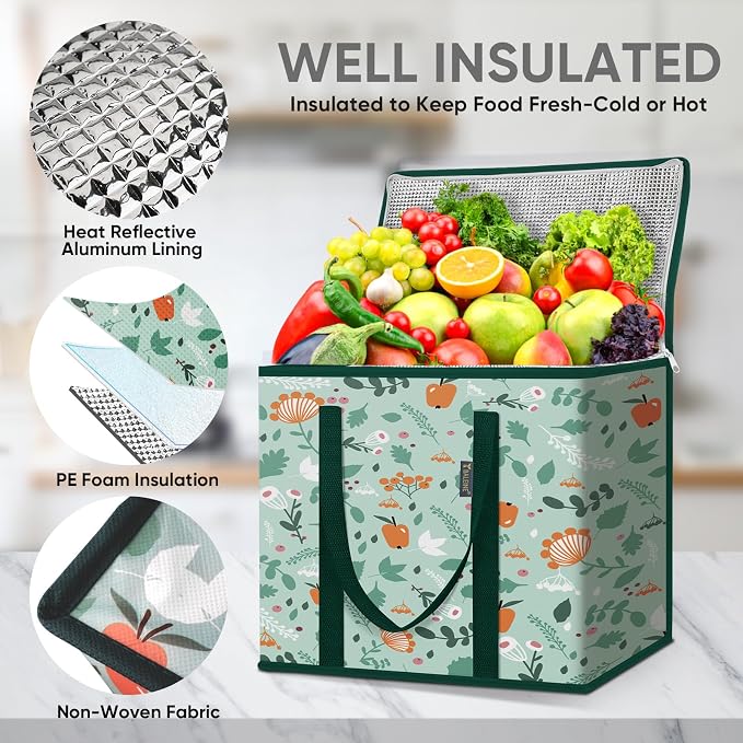 BALEINE 1Pk Insulated Reusable Grocery Bags, Collapsible Cooler Bag for Groceries, Heavy Duty Large Insulated Bag (16''x9''x13'', Spring Stroll) - Image 2