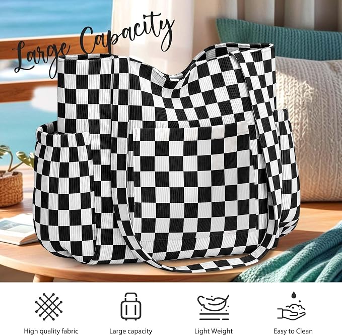 Corduroy Tote Bag for Women,Large Capacity Cute Tote Bags With 6 Pockets,Crossbody Shoulder Handbag for Work Travel Gym - Image 8