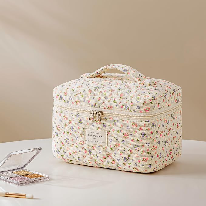 HBselect Quilted Makeup Bag, 3Pcs Cotton Large Travel Makeup Bags Organizer | Cute Floral Make up Bag Cosmetic Bag Toiletry Bag for Women Girls, Makeup Pouch for Skincare, Brushes & Travel Essentials - Image 5