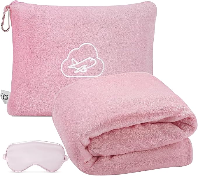 Travel Blanket Pillow,Airplane Blanket Compact with Bag Eye Mask, Ultra-Soft,Warm & Lightweight Included,Travel Essentials for Women & Men, Luggage Sleeve & Backpack Clip 65x40 in, Pink by ENZOLVE