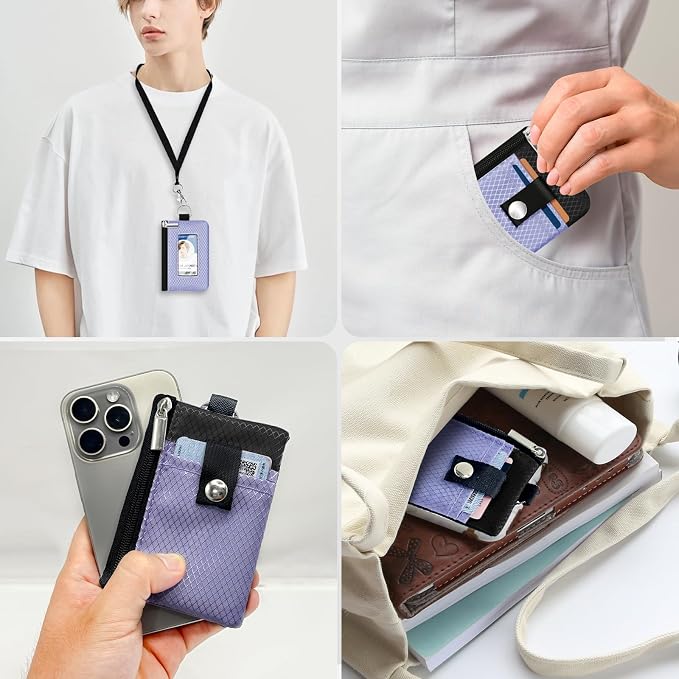 Minimalist RFID Blocking Small Wallet with ID Window,WaterResistant Zip Id Case Wallet with Lanyard Keychain for Cards,Cash,Travel,Women,Men (Lavender Purple/Black) - Image 9