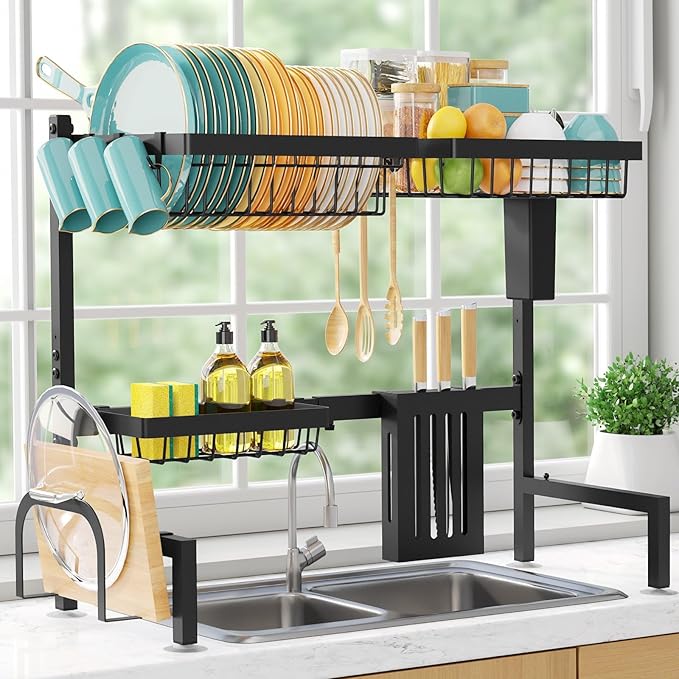 Sakugi Over The Sink Dish Drying Rack - Adjustable 2 Tier Large Capacity Stainless Steel Drainer with Cutlery & Utensil Holders, Kitchen Storage & Organization, 30"-33.9" L x 11" W x 21.5" H, Black by Sakugi