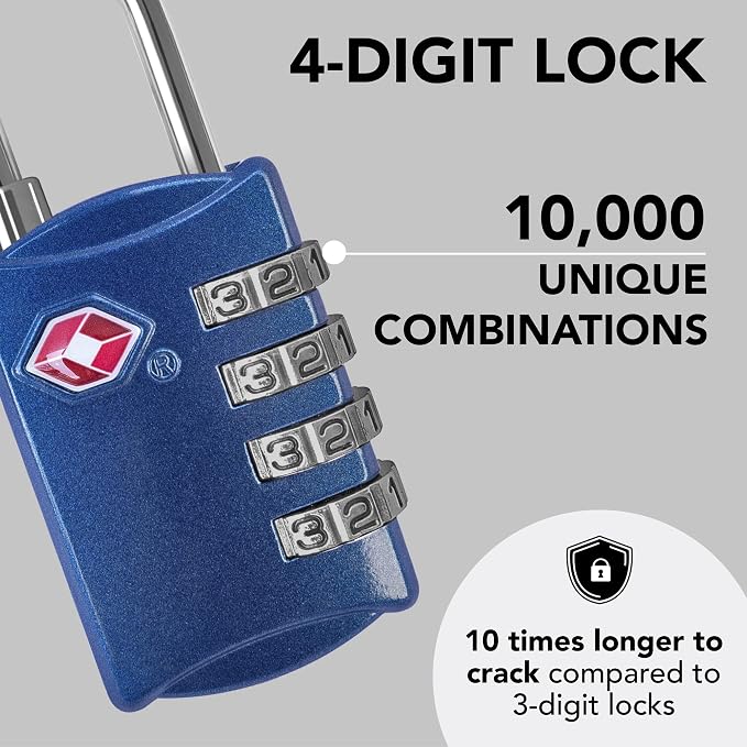TSA Luggage Locks 2 Pack – 4-Digit Steel – Blue | Keyless padlock for backpacks, travel suitcases, toolbox, filing cabinets, baggage & gym locker - Image 3