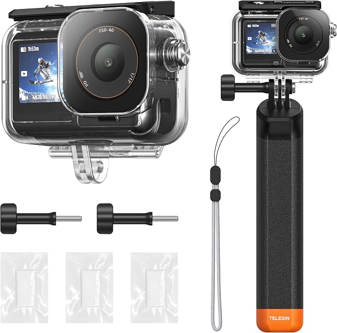 TELESIN Waterproof Case With Floating Stick for DJI Action 5 Pro Action 4/3 Camera, with Anti-Fog Underwater Housing Shell Cage Supports 60M/196FT Deep Diving Scuba Snorkeling with Quick Release Screw by telesin
